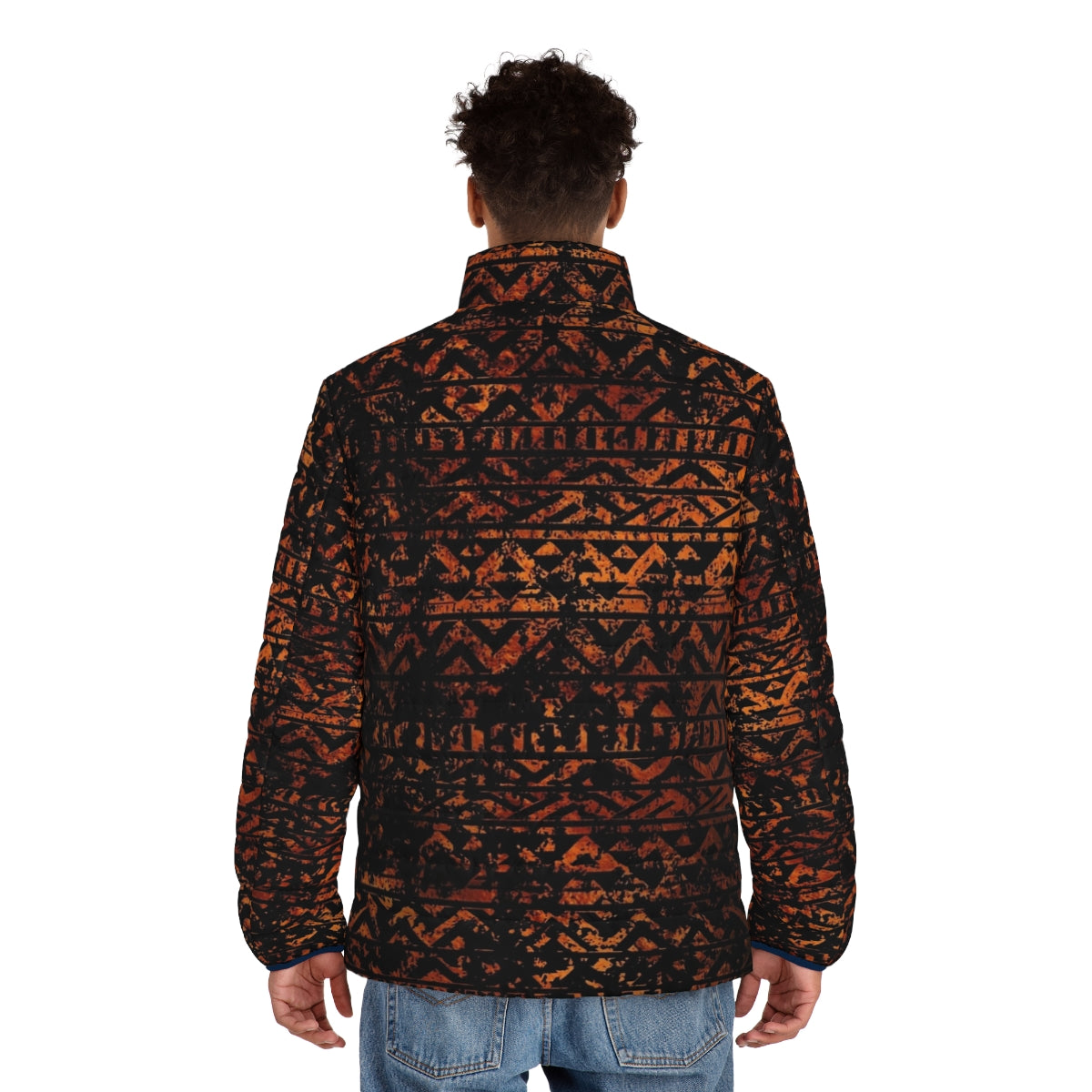 Ethnic tribal puffer jacket with bronze metallic grunge pattern - men back