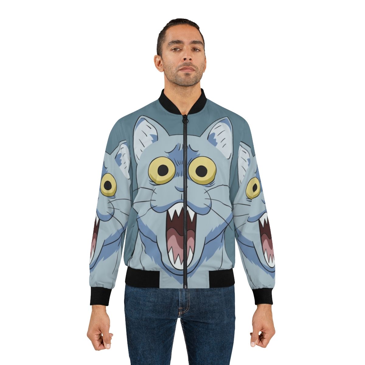 Shocked and horrified anime-style cat graphic printed on a bomber jacket - Lifestyle