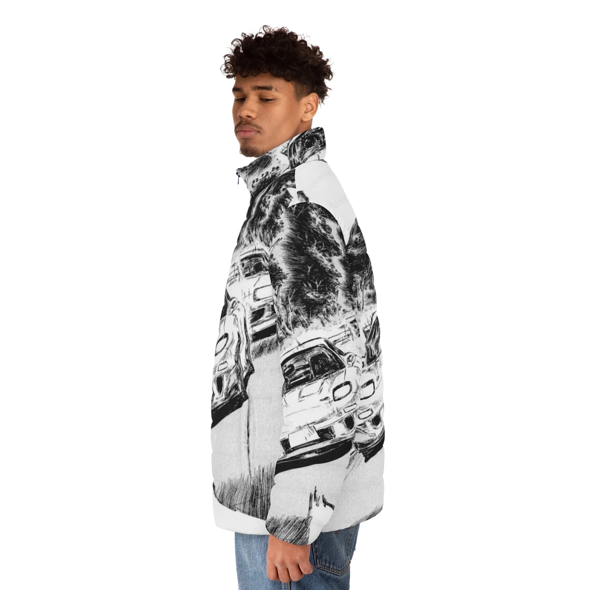 Initial D Rx7 vs Supra V2 Puffer Jacket featuring iconic anime and automotive graphics - men side left