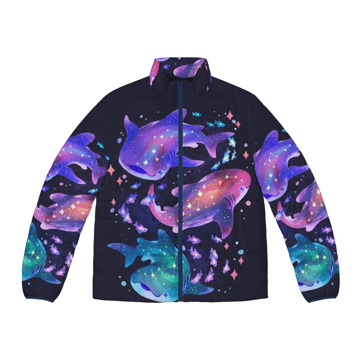 A vibrant puffer jacket featuring a cosmic whale shark design, perfect for outdoor adventures.