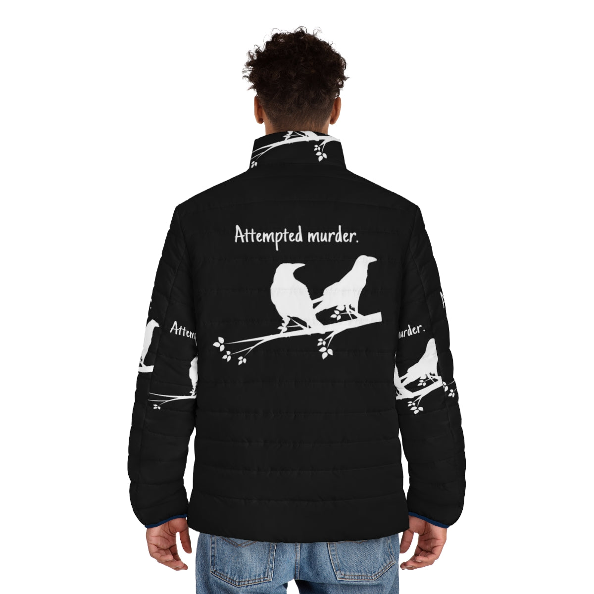 Jezkemp's Attempted Murder Puffer Jacket - Funny Crow and Animal Meme Design - men back