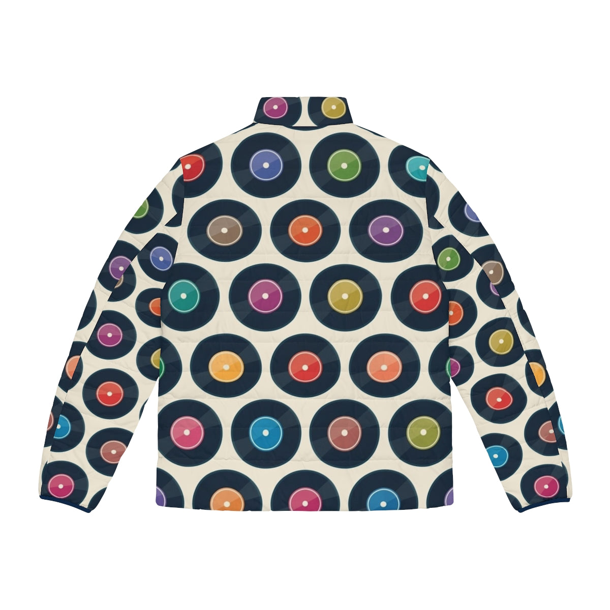 Retro vinyl record puffer jacket with a minimalist modernist pattern - Back