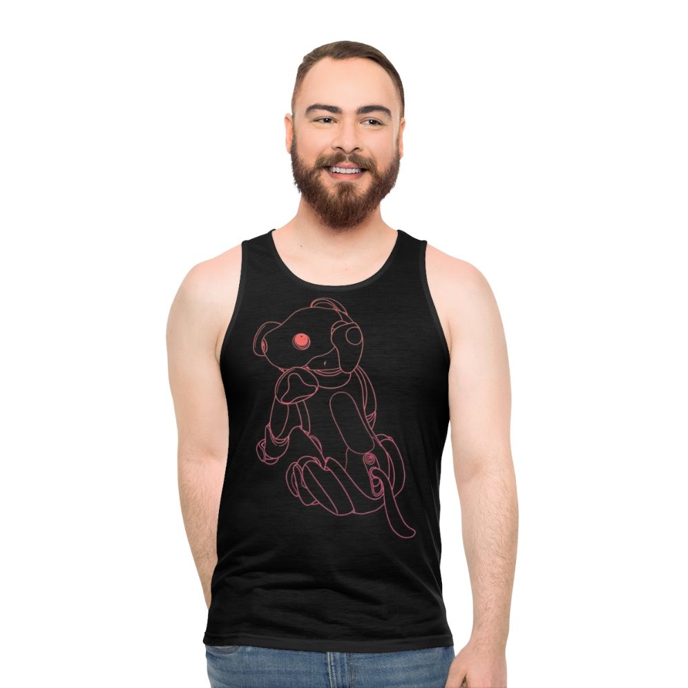 Unisex tank top with a graphic design of a robot dog in a futuristic sunset scene - men