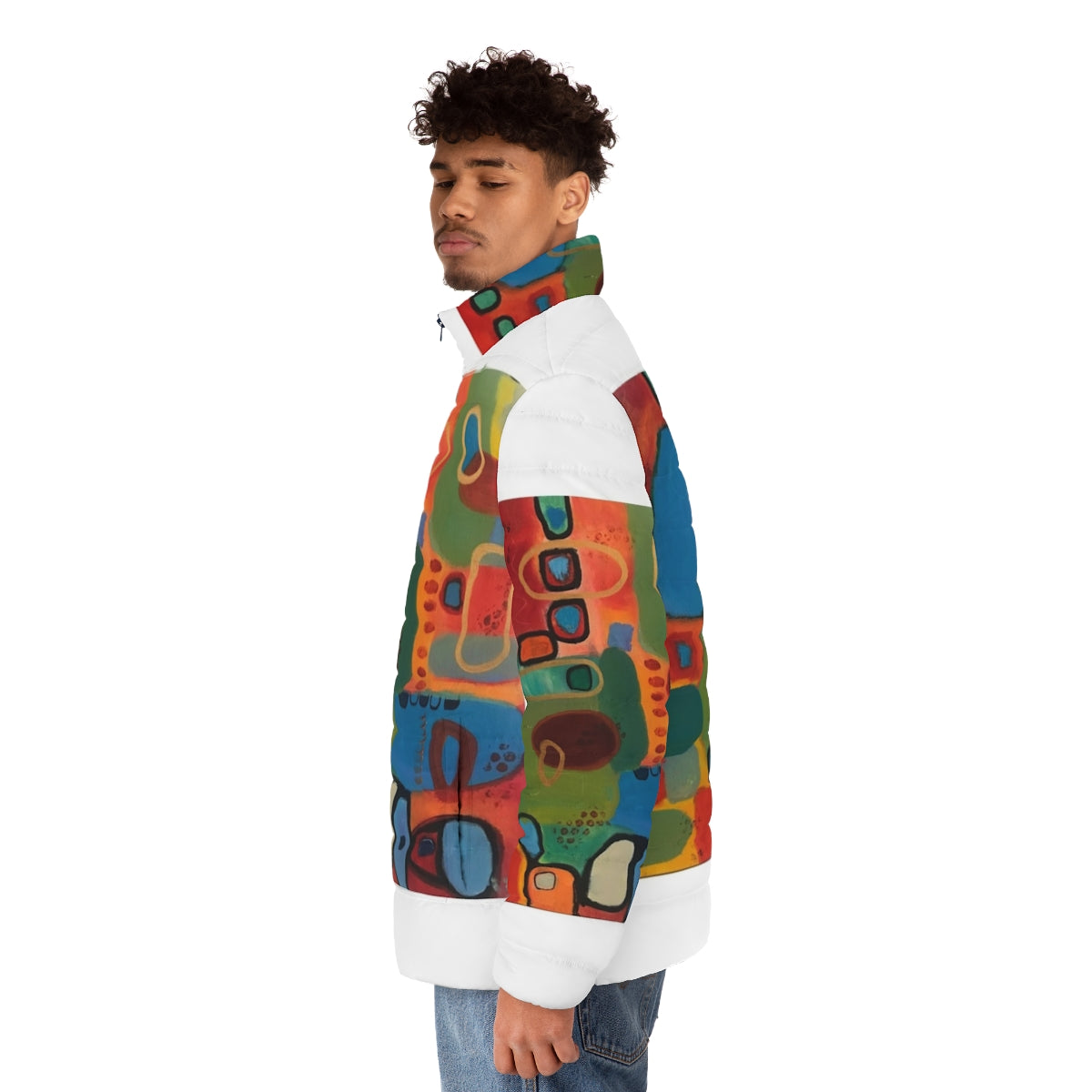 Primitive puffer jacket featuring a colorful abstract design with geometric shapes - men side left