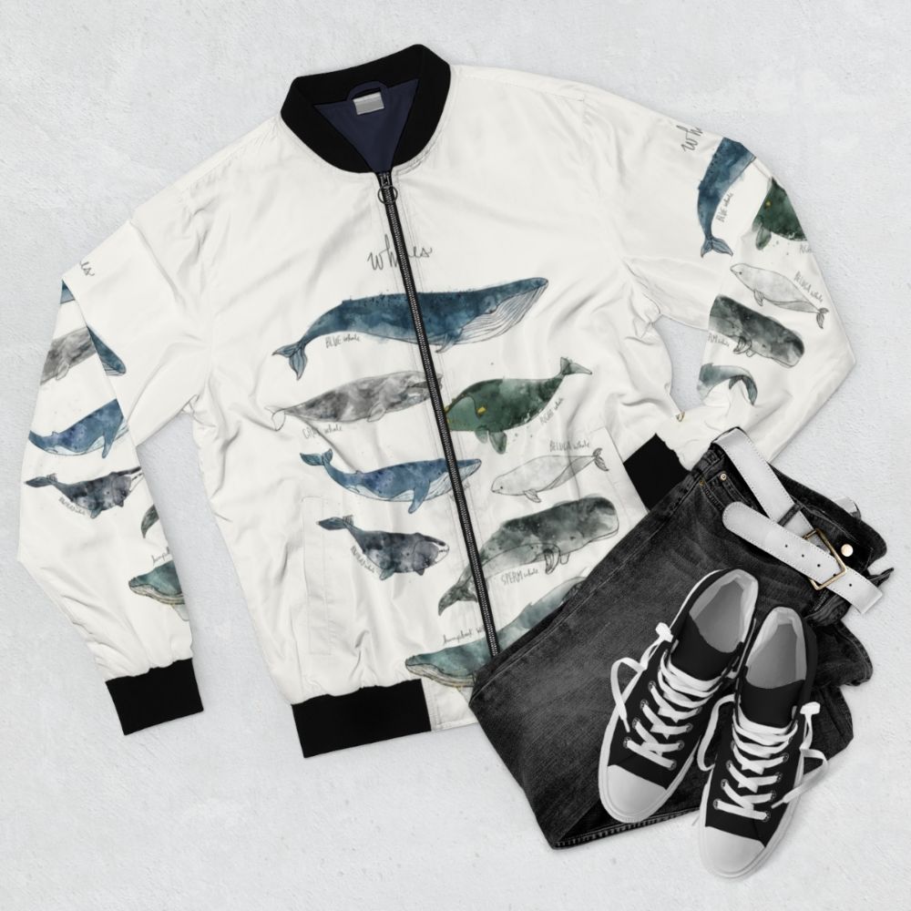 Whales humpback bomber jacket in gray and blue watercolor design - Flat lay