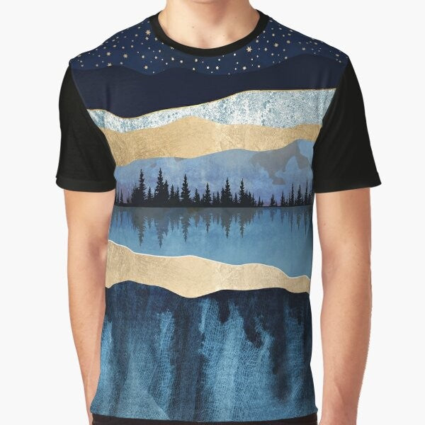 Midnight Lake Graphic T-Shirt featuring a serene abstract landscape with a night sky, trees, and water reflection