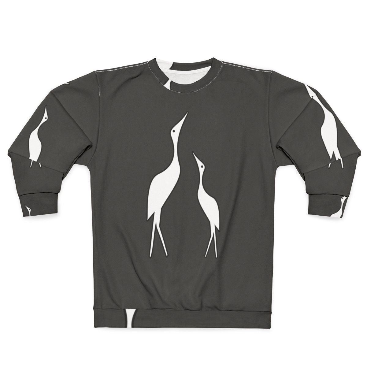 Colorful abstract sweatshirt design featuring a crane, a legendary animal, in a nature setting