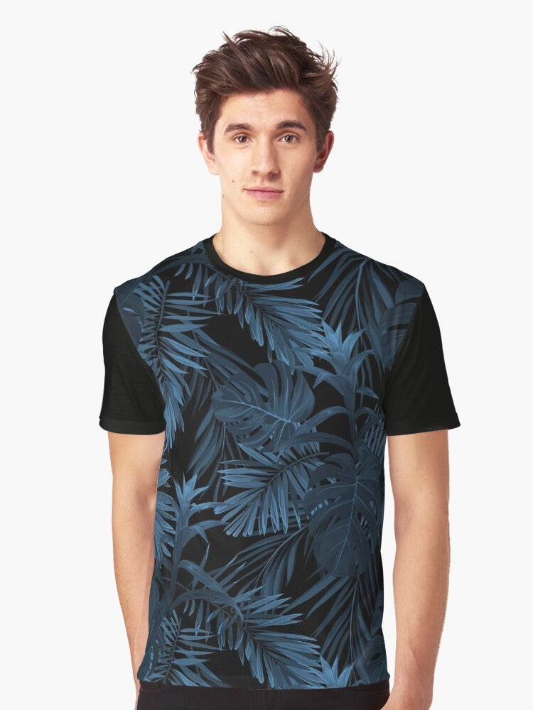 Tropical indigo dark graphic t-shirt with floral and leaf patterns - Men