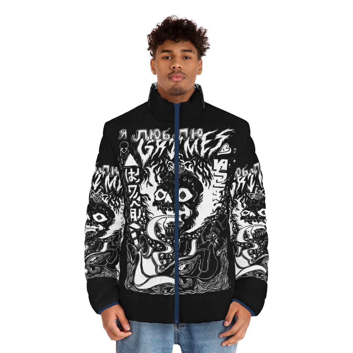 Grimes Visions Occult Puffer Jacket featuring dark and moody aesthetic - men front