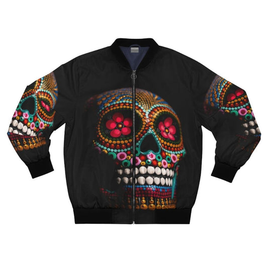 A colorful and electric bomber jacket featuring a multi-colored sugar skull design, perfect for celebrating Dia de los Muertos.