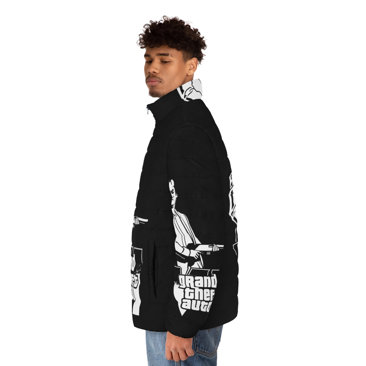 Grand Theft Auto themed puffer jacket with gaming inspired design - men side left