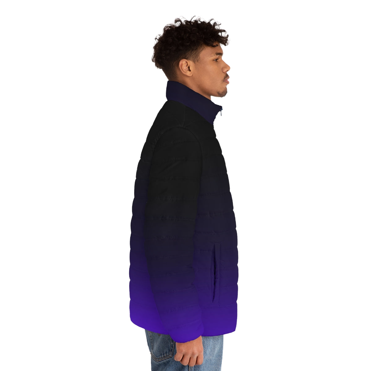 Gradient black and purple puffer jacket with a minimalistic celestial design - men side right