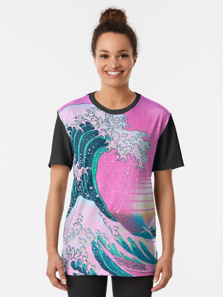 Vaporwave-inspired t-shirt featuring the iconic 'Great Wave Off Kanagawa' design with a retro sunset backdrop - Women