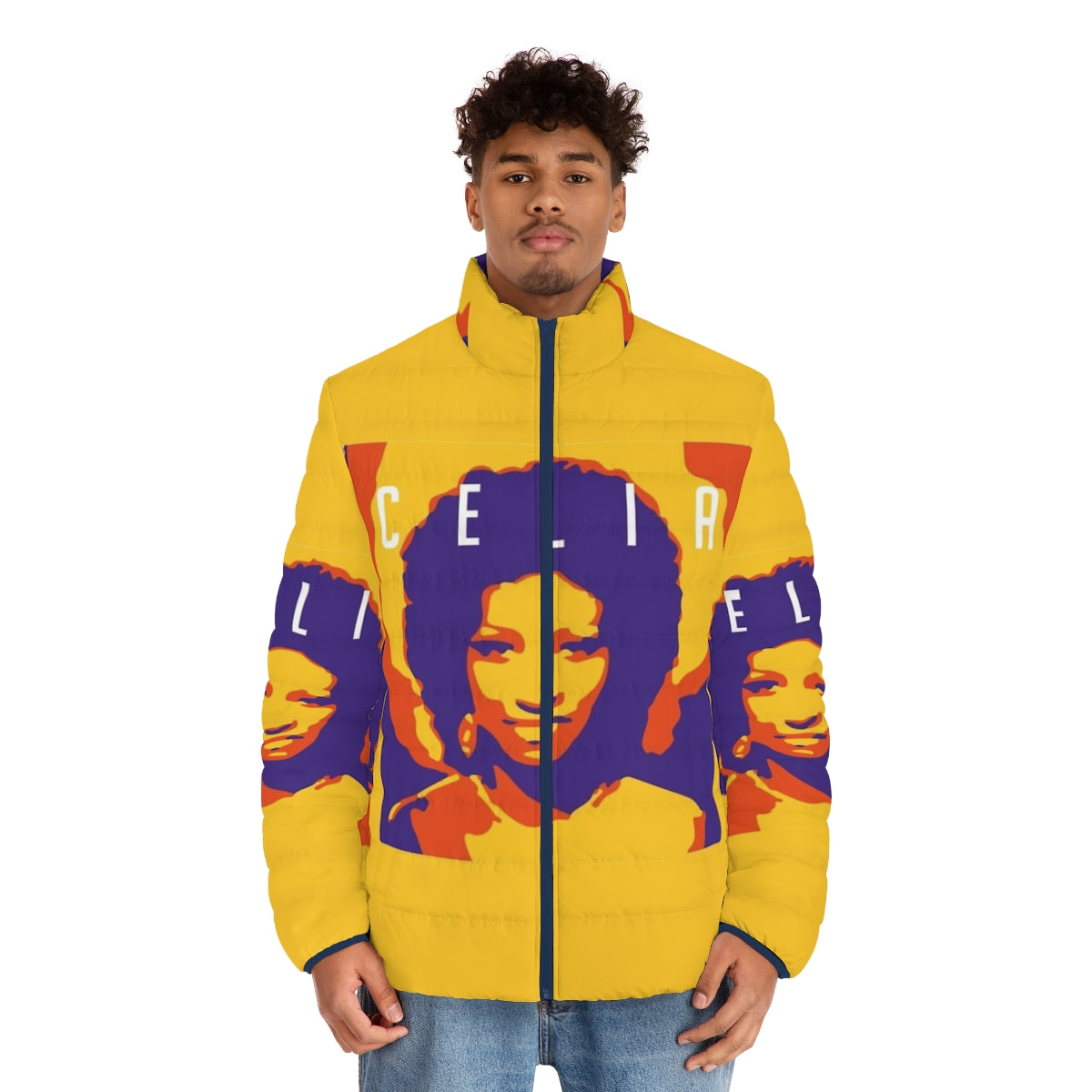 Celia Latinx Puffer Jacket in a vibrant, colorful popart design - men front