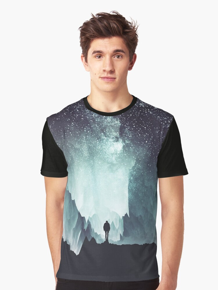 A northern, galaxy-inspired graphic t-shirt with a surreal, nature-themed design. - Men