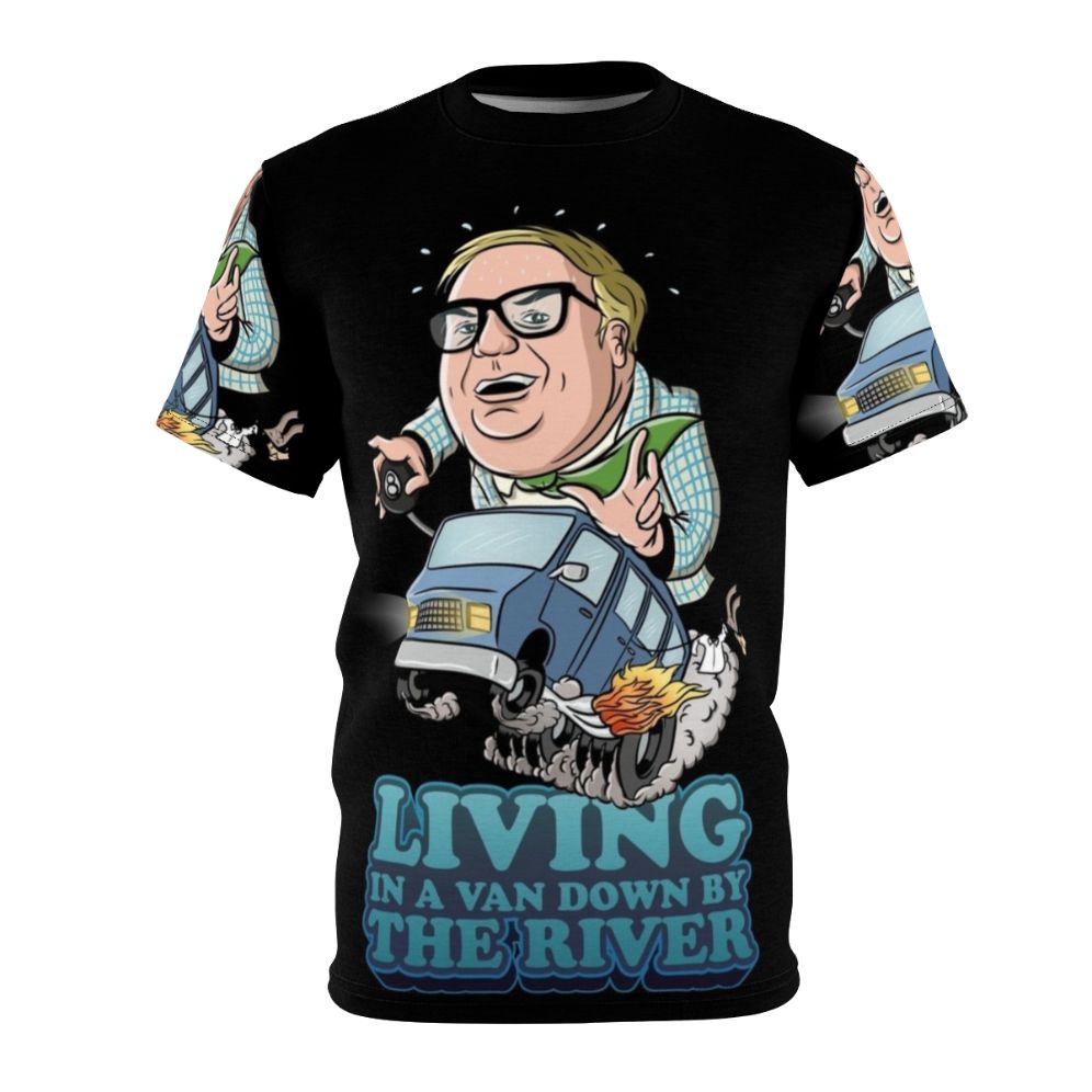 Humorous t-shirt design featuring the iconic "Van Down By The River" sketch from Saturday Night Live with Chris Farley