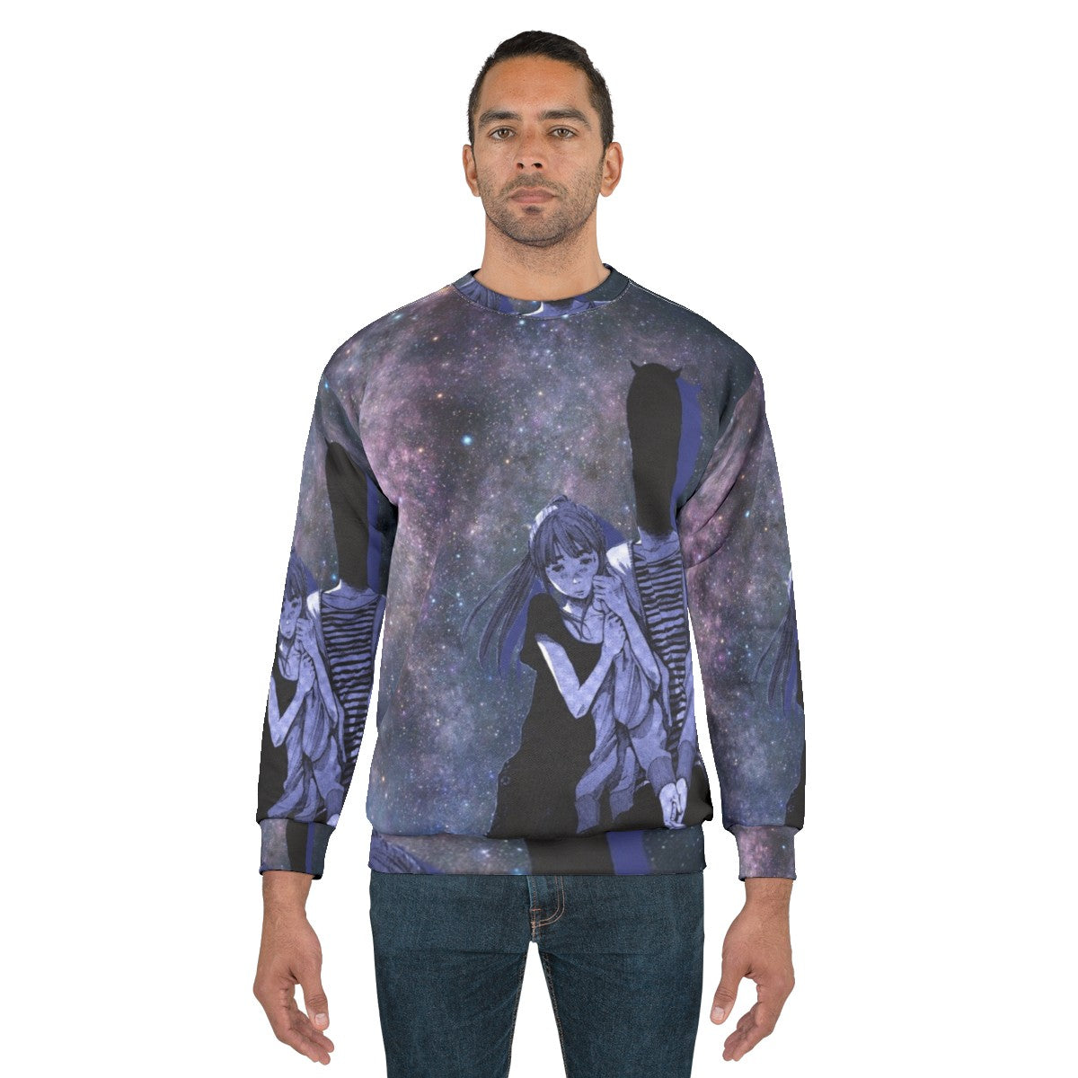 Galaxy night sky sweatshirt with Inio Asano's Punpun design - men