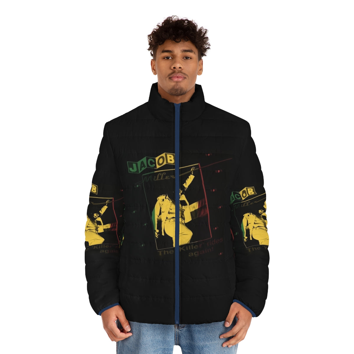 Rasta-inspired Jacob Miller puffer jacket with vibrant colors and reggae vibes - men front