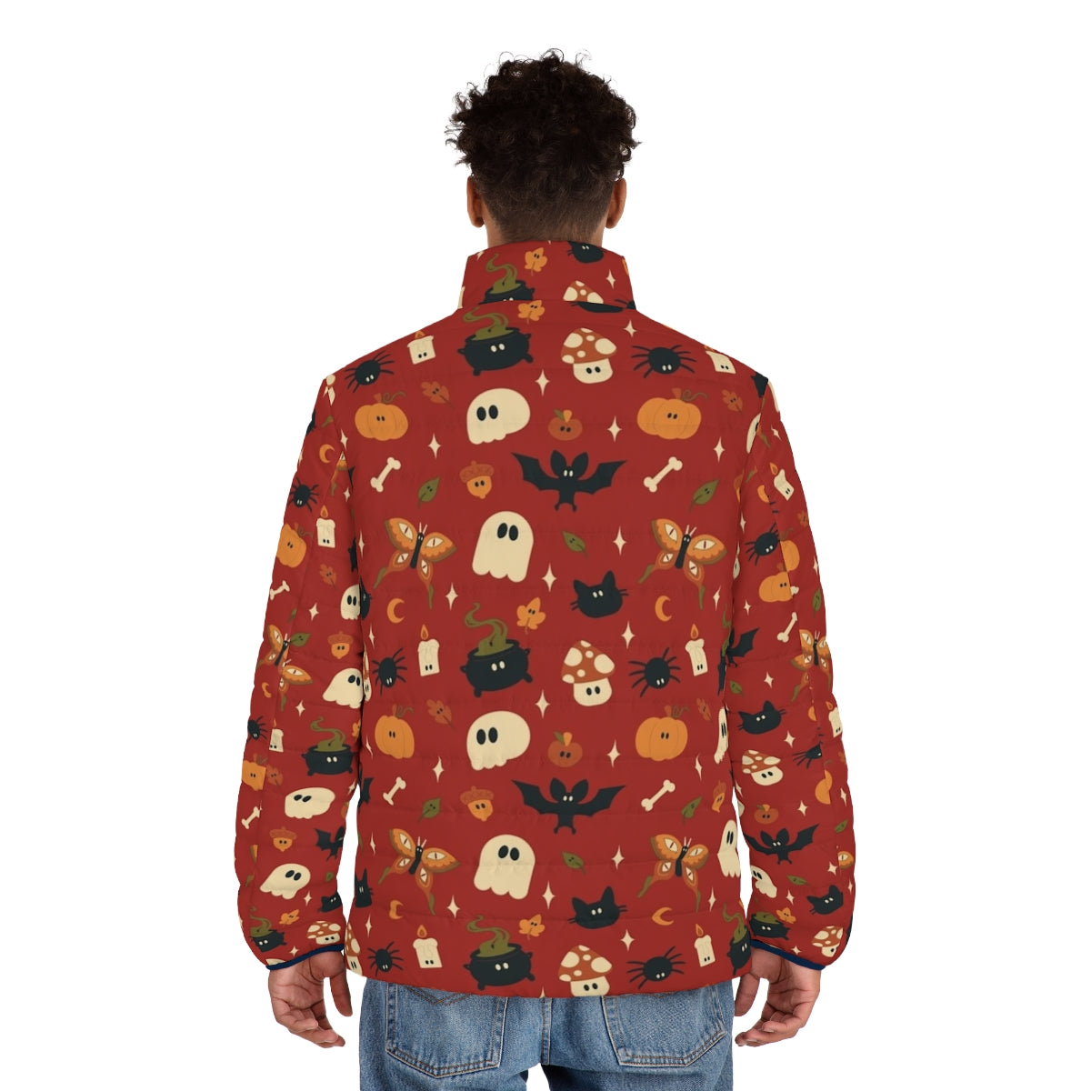 Spooky fall puffer jacket with pumpkin, mushroom, and spider designs - men back