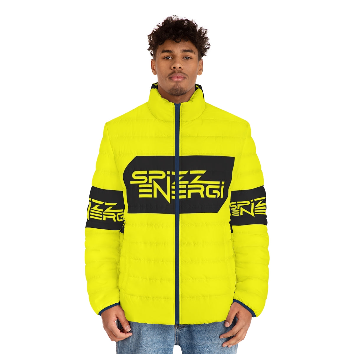 Spizzenergi Retro 80s Puffer Jacket featuring vintage punk and new wave design - men front