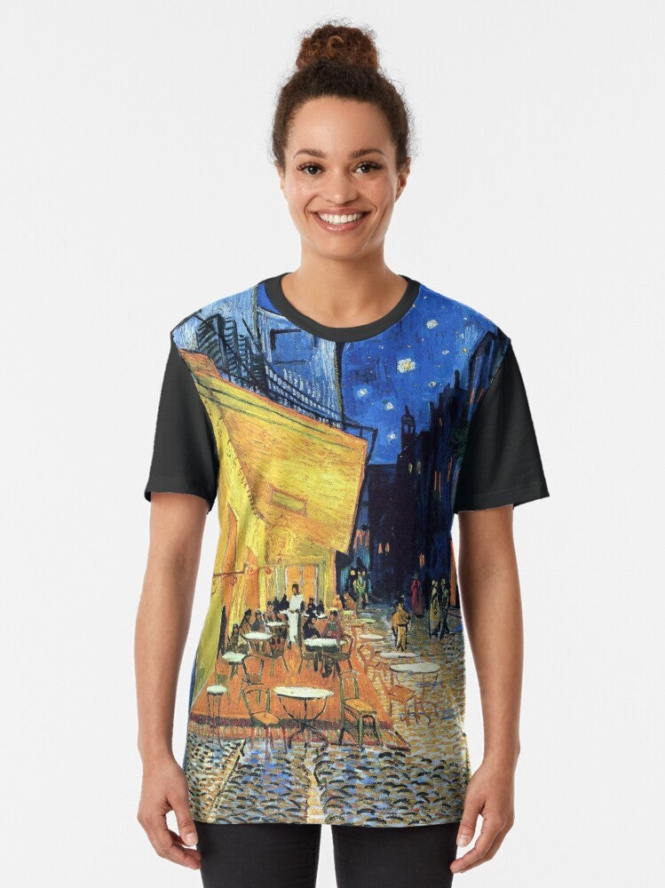 Vincent van Gogh inspired graphic t-shirt featuring the famous painting "The Cafe Terrace on the Place de Forum in Arles at Night" - Women