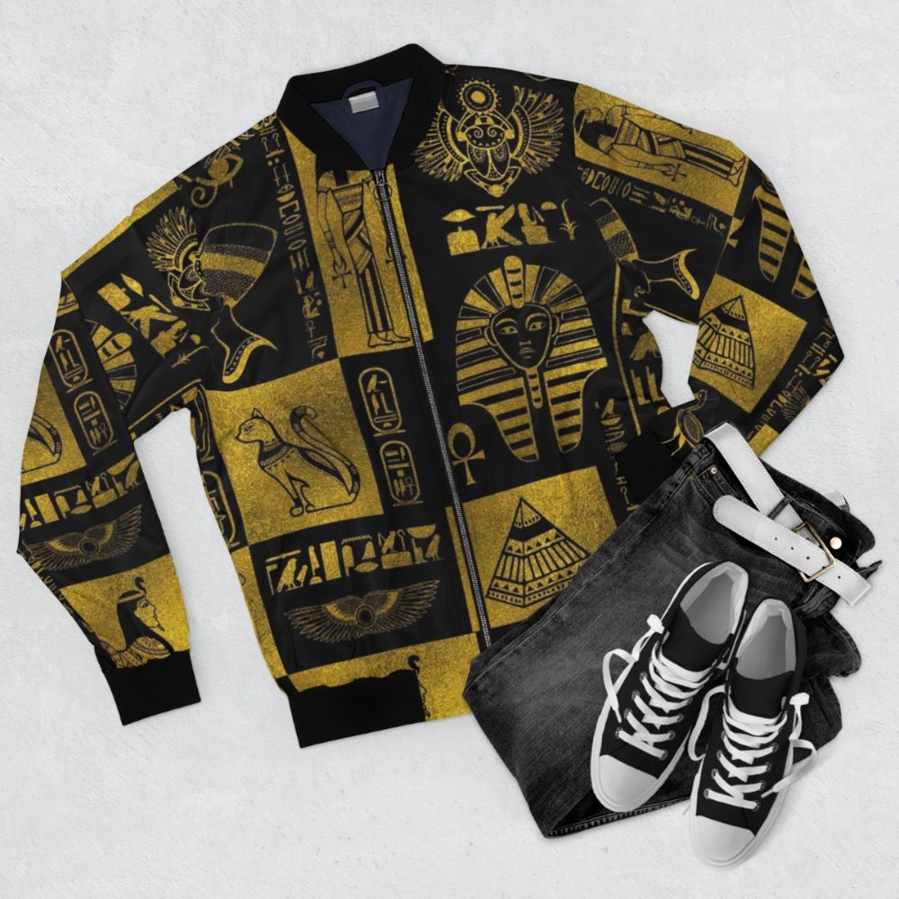 Ancient Egyptian Gold Hieroglyphic Bomber Jacket with Symbolic Designs - Flat lay