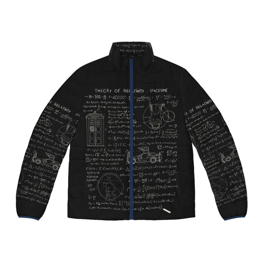 Puffer jacket with spacetime and relativity graphics