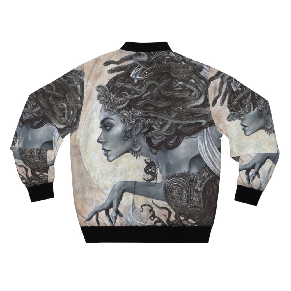 Medusa Inspired Bomber Jacket with Illustrated Cartoon Gorgon Portrait and Snakes for Hair - Back