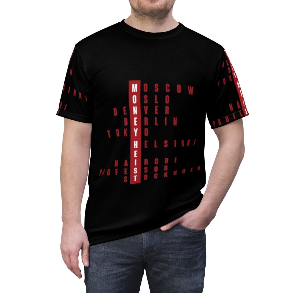 Money Heist Inspired Acronym T-Shirt featuring characters from the Netflix series La Casa de Papel - men front