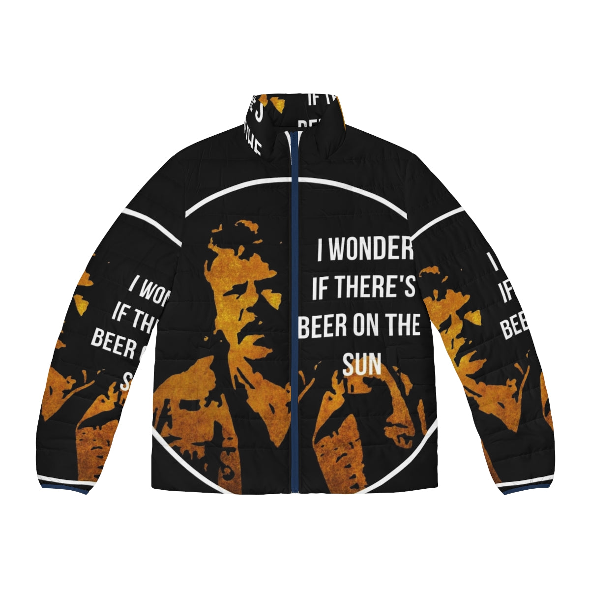 A puffer jacket featuring the iconic "Zap Rowsdower" beer quote from the cult classic film "The Final Sacrifice"