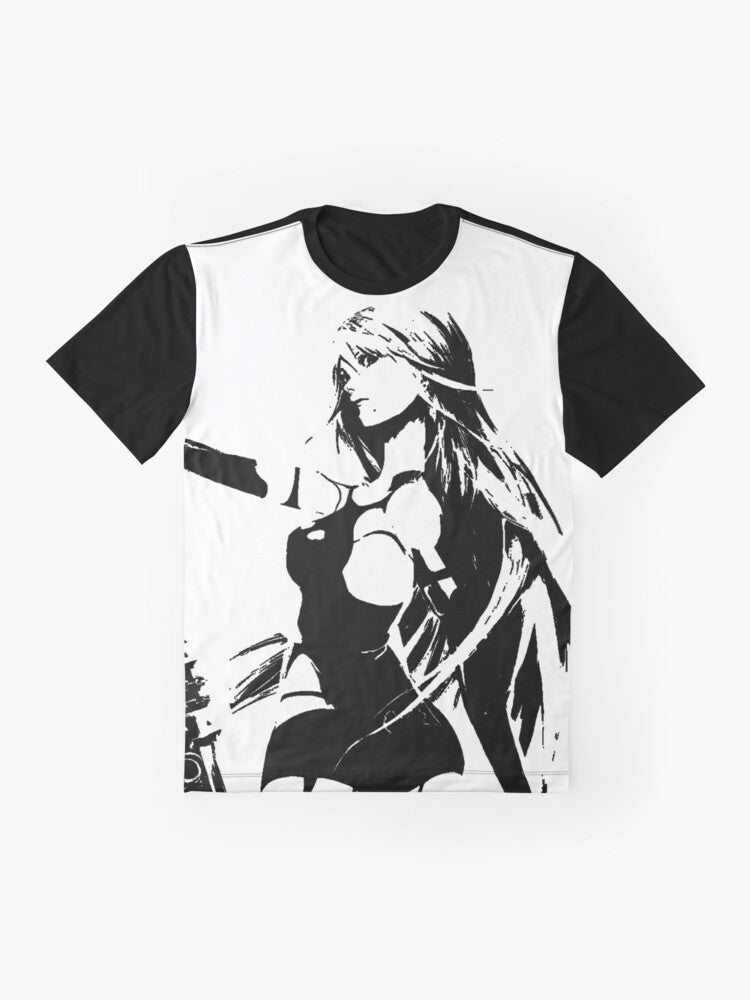 Weathered graphic t-shirt featuring the character A2 from the video game Nier Automata - Flat lay