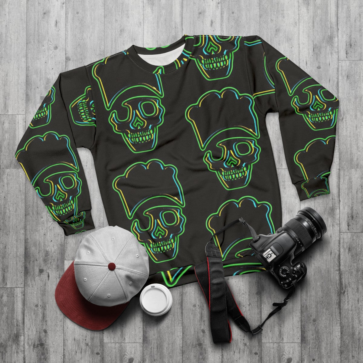 Skull Chef Green Cooking Sweatshirt - flat lay