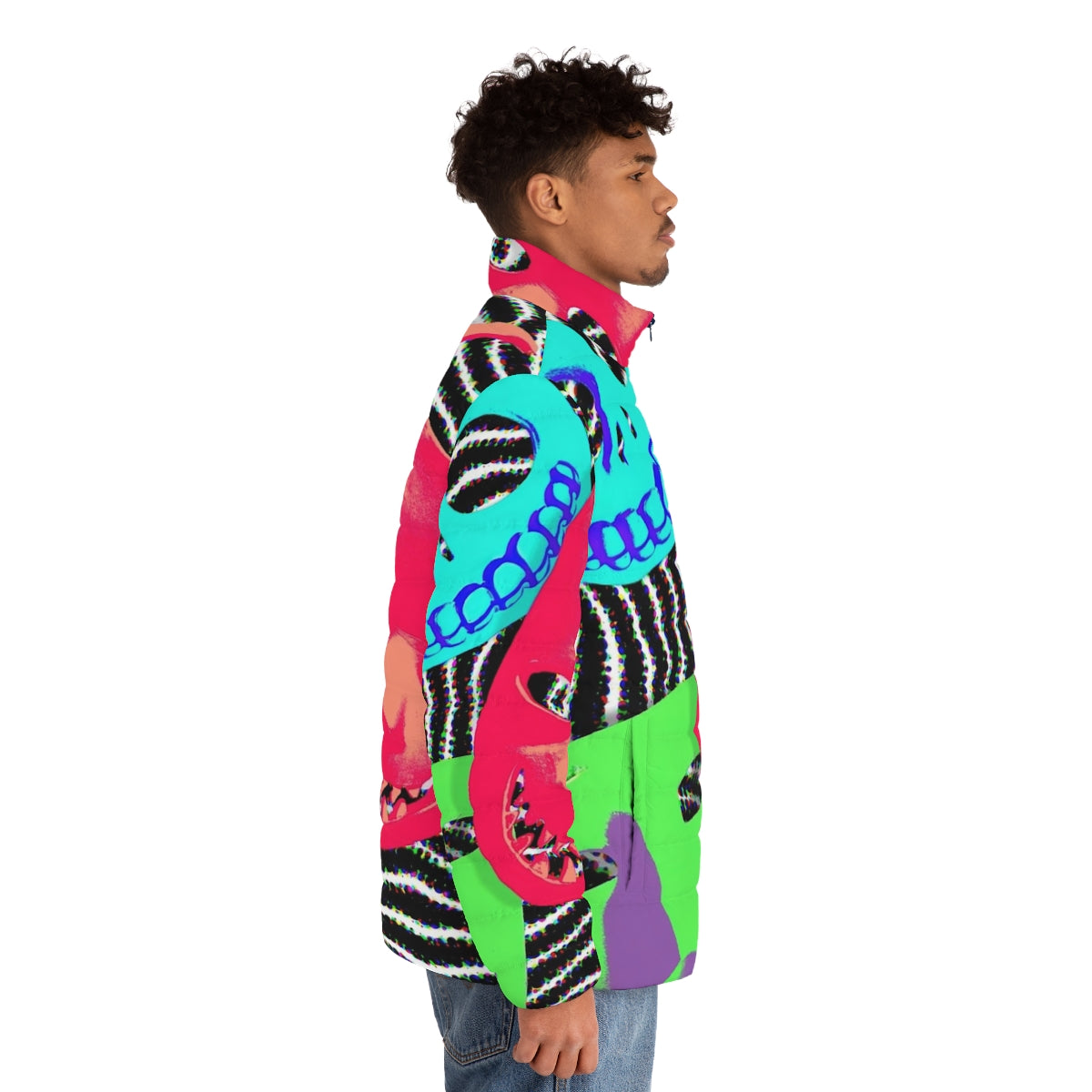 A stylish "Birds Of A Feather" puffer jacket featuring a spooky pop art design perfect for Halloween and Nightmare Before Christmas fans. - men side right