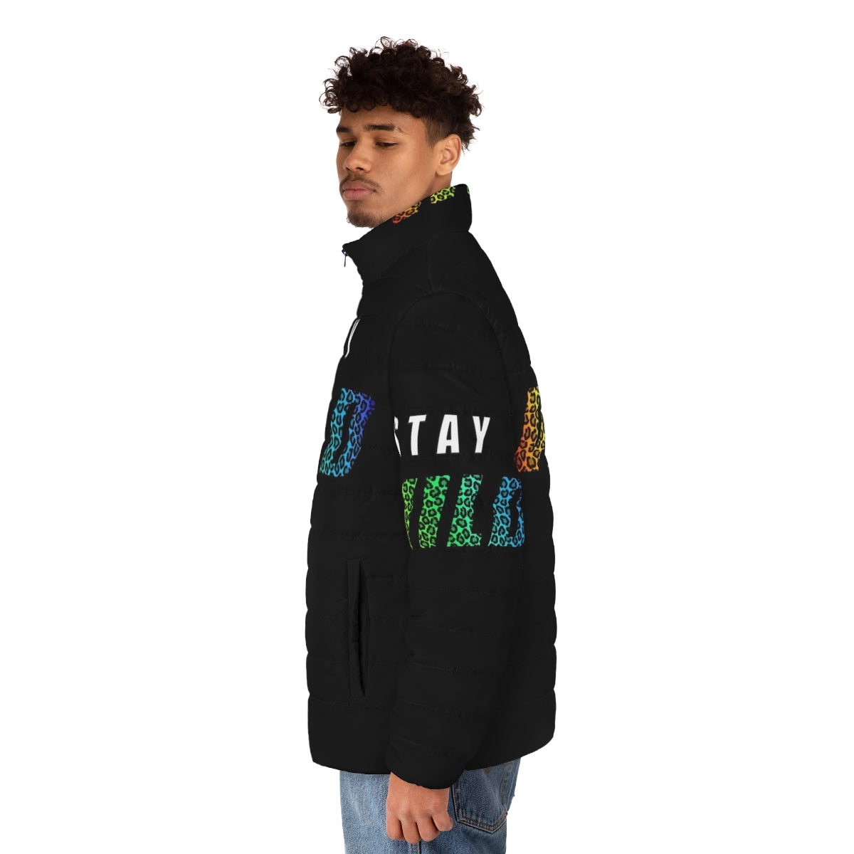 Exclusive Ben Azelart Stay Wild Puffer Jacket with colorful leopard text - men side left