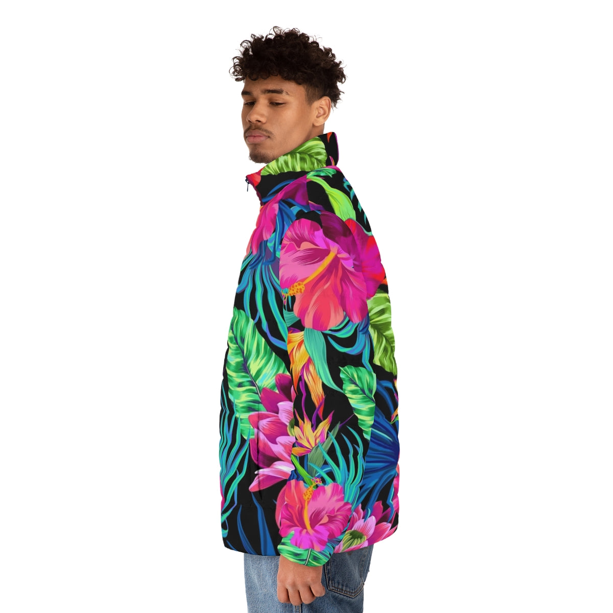 Hibiscus pattern puffer jacket, a fashionable and cozy outerwear piece - men side left