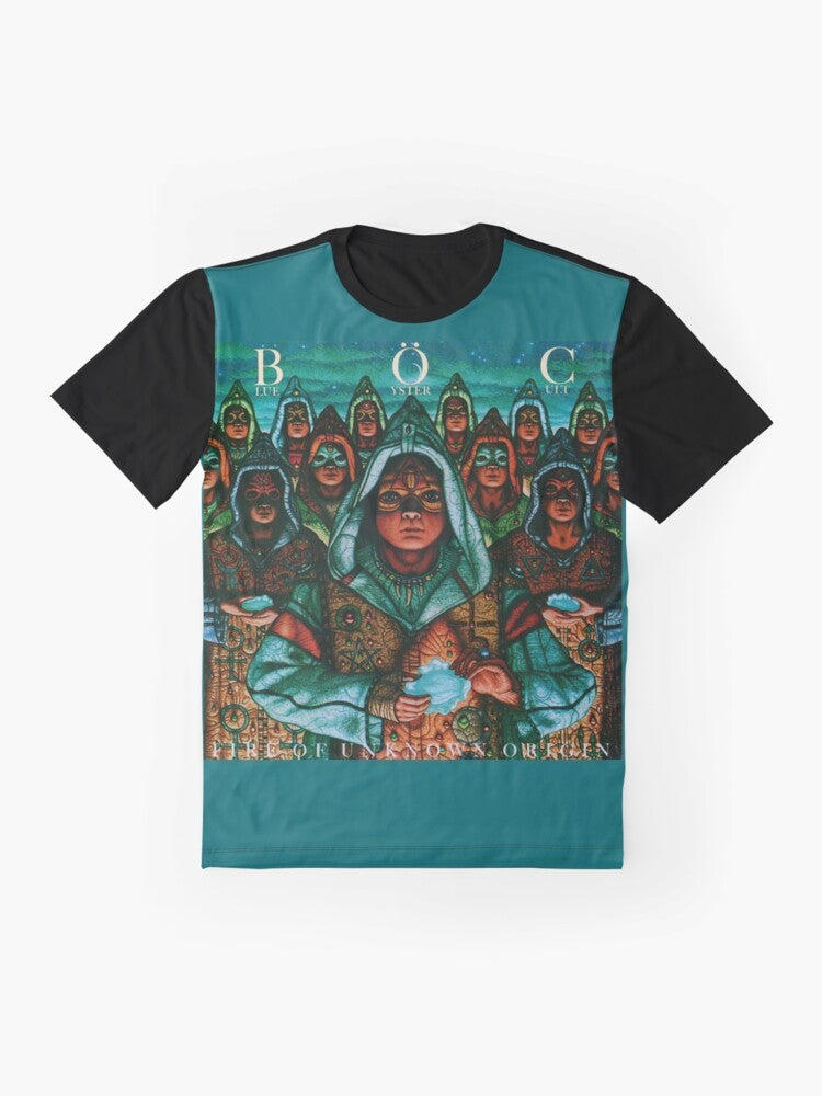 Blue Oyster Cult classic rock band album art graphic on a blue t-shirt - Flat lay