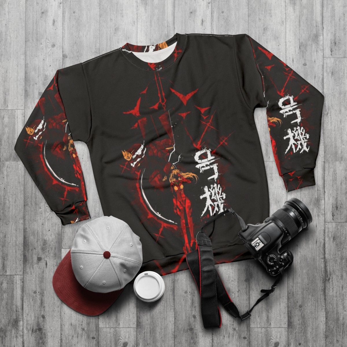 Neon Genesis Evangelion Inspired Sweatshirt with Mecha and Graffiti Designs - flat lay