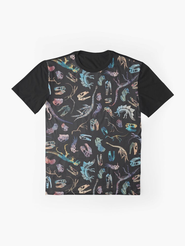 Minimalist graphic t-shirt design featuring dinosaur fossil bones and skull silhouette in a contemporary, scientific style. - Flat lay