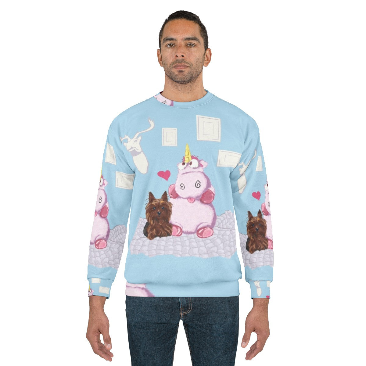 Cute family portrait sweatshirt featuring a legendary unicorn and yorkie dog - men