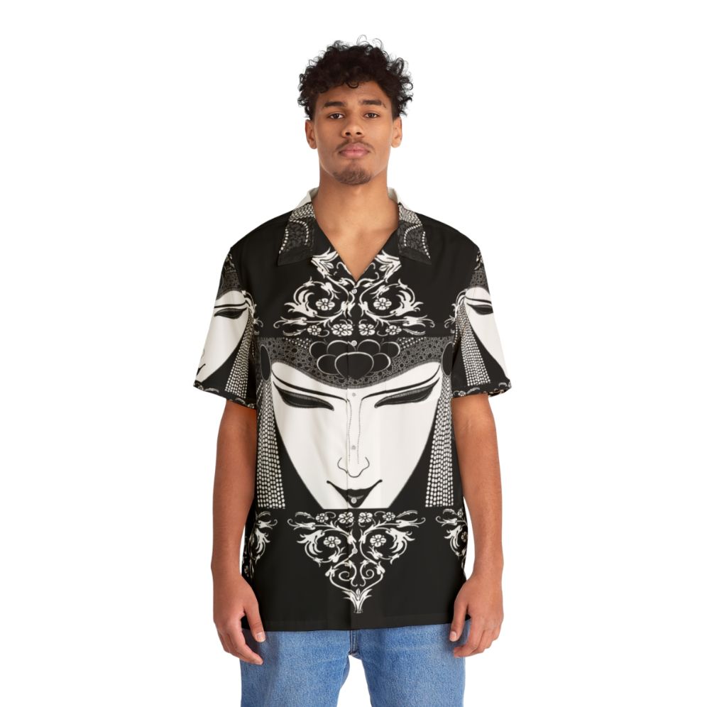 Dark magic Aubrey Beardsley inspired Hawaiian shirt with gothic art nouveau black and white illustrations - People Front