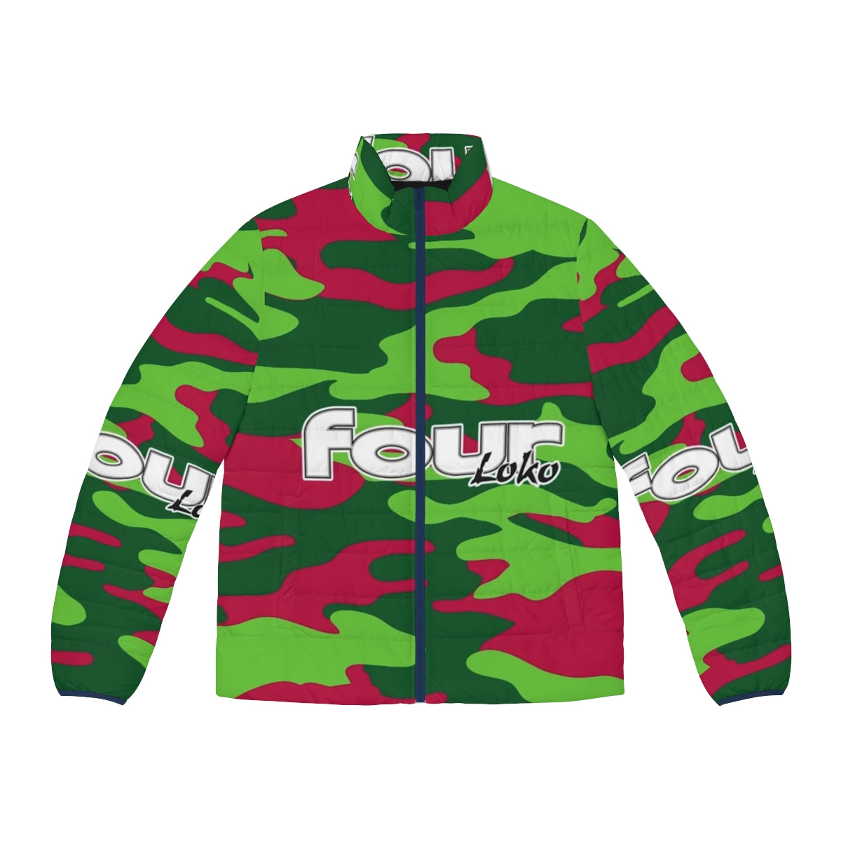 Watermelon camo puffer jacket with vibrant 4Loko design