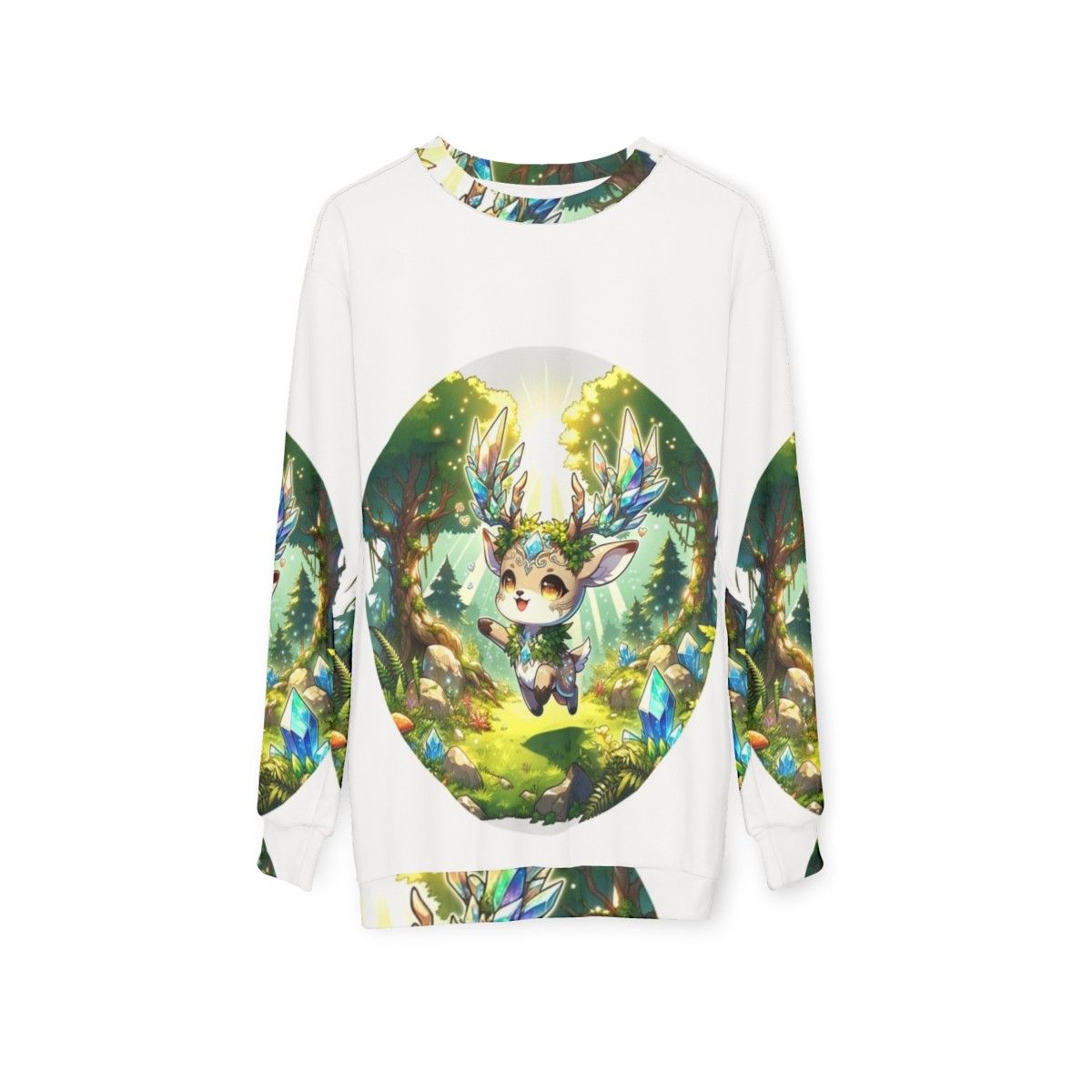 Deer sweatshirt with fantasy crystal forest design - hanging