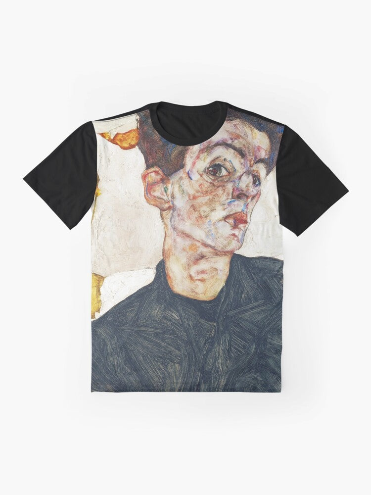 Expressionist self-portrait of Egon Schiele with physalis flowers - Flat lay