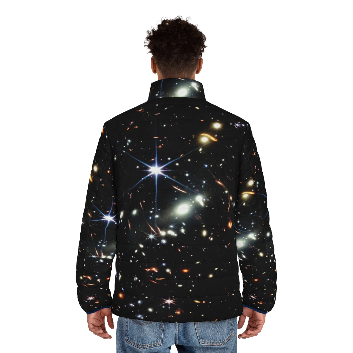 James Webb Telescope Deep Field Space Puffer Jacket featuring NASA technology and astrophysics discoveries - men back