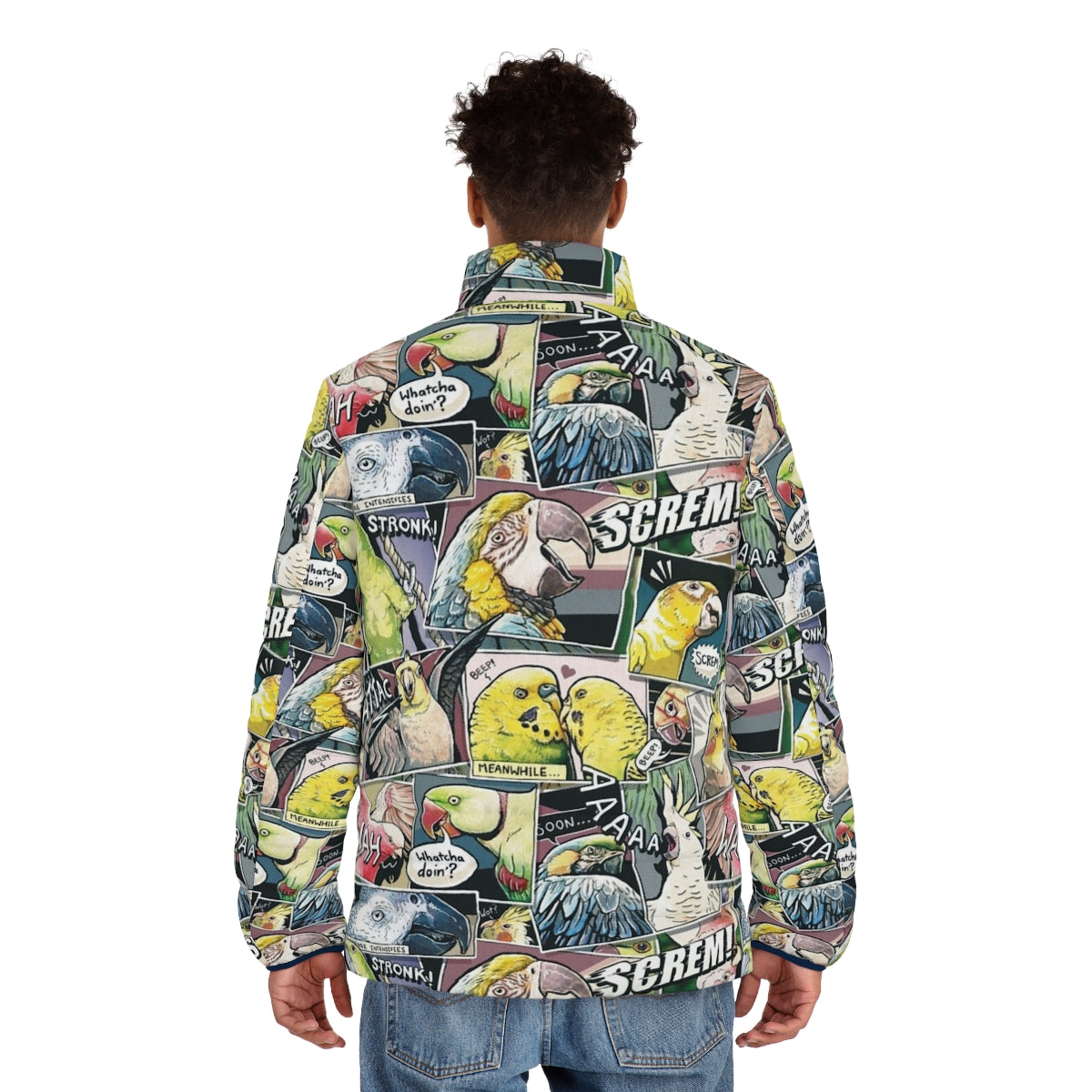 Parrot comic style puffer jacket with vibrant bird print design - men back