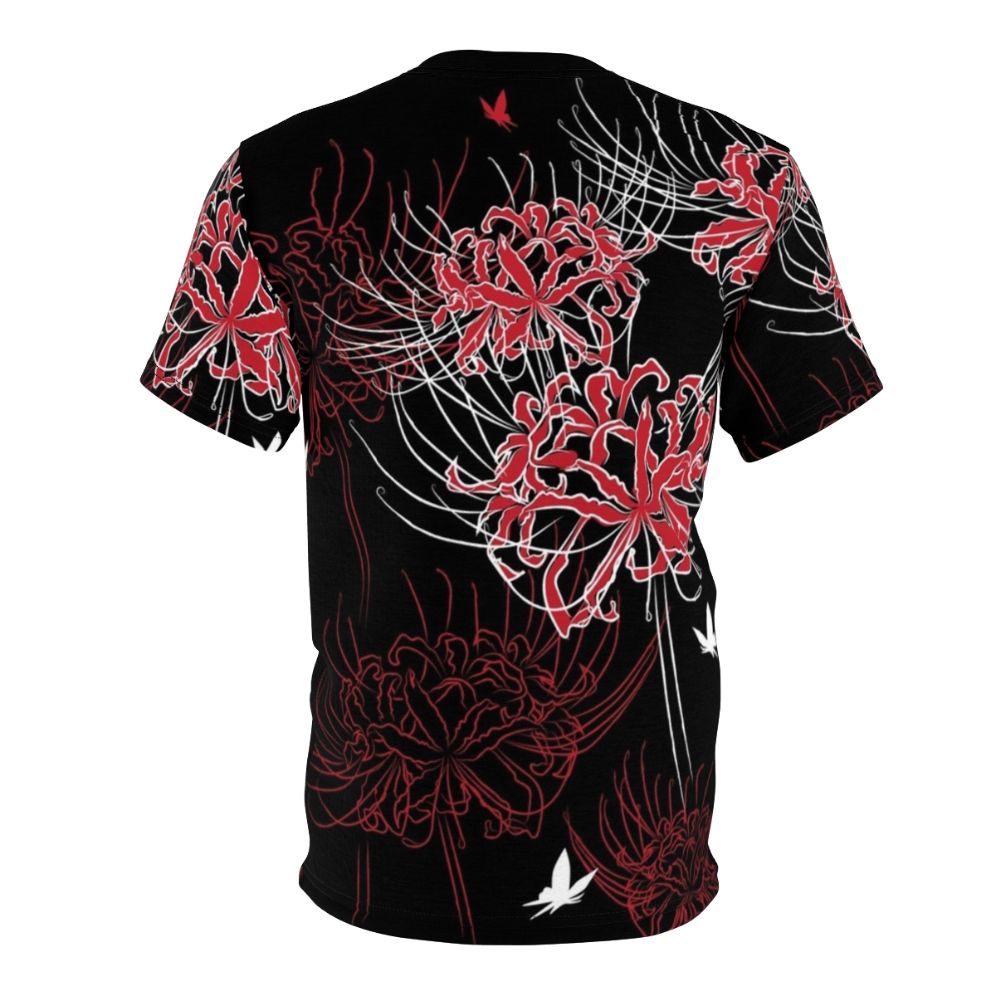 Stylish t-shirt featuring a vibrant spider lily and butterfly design in a Japanese-inspired pattern - Back