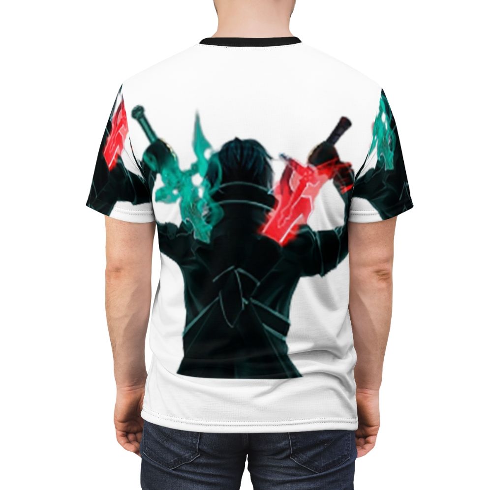 Anime-inspired t-shirt featuring a stylized two-sword design - men back