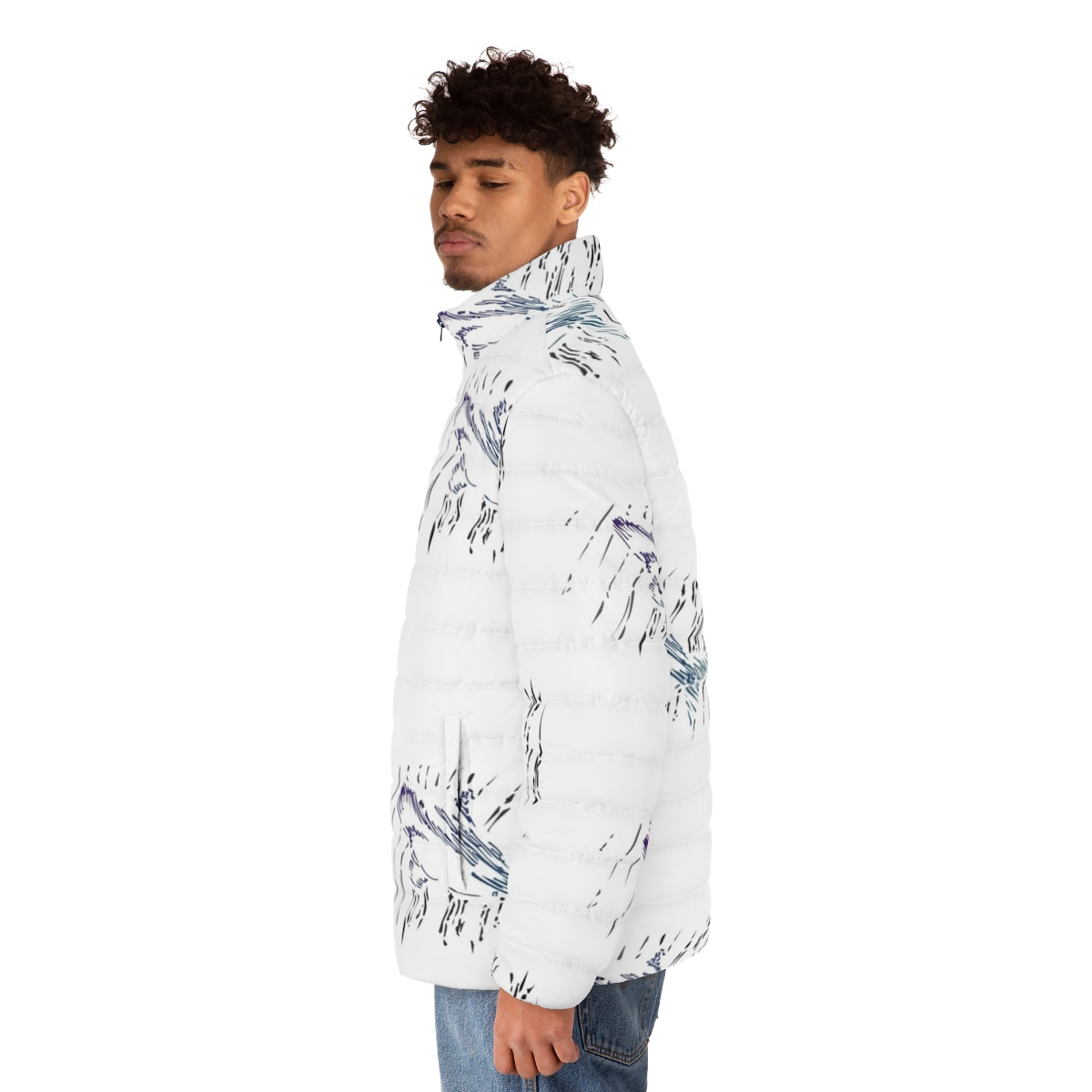 A stylish puffer jacket with an artistic, ocean-themed design - men side left