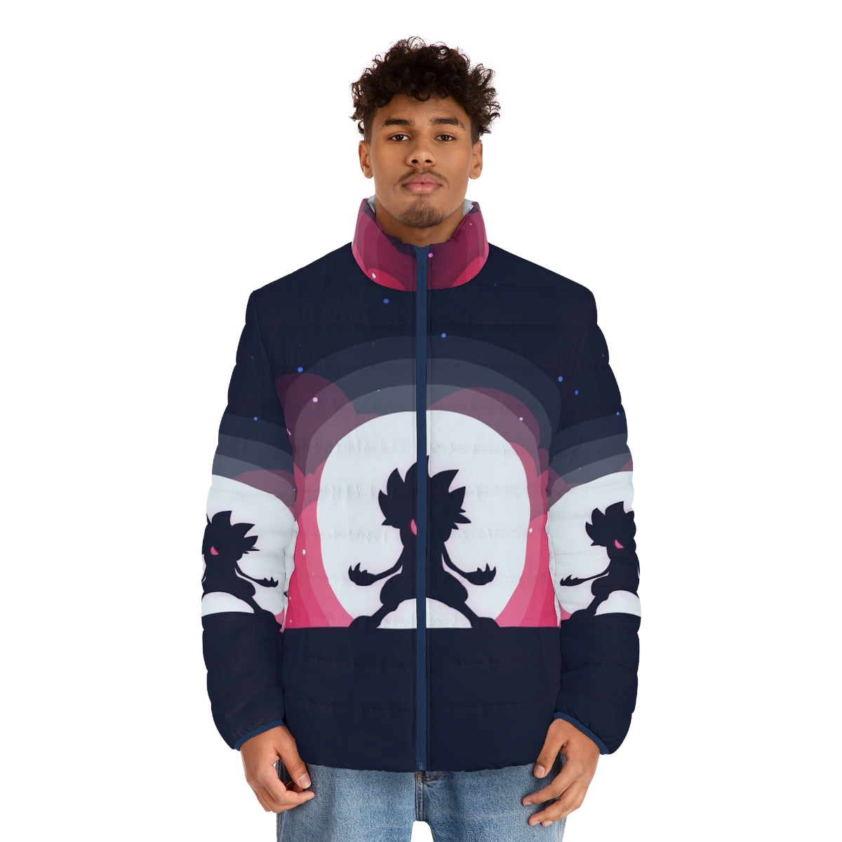 Lycanroc inspired puffer jacket with moon design - men front