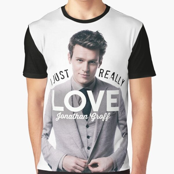 A graphic t-shirt featuring Jonathan Groff, known for his roles in Hamilton, Spring Awakening, and Glee.